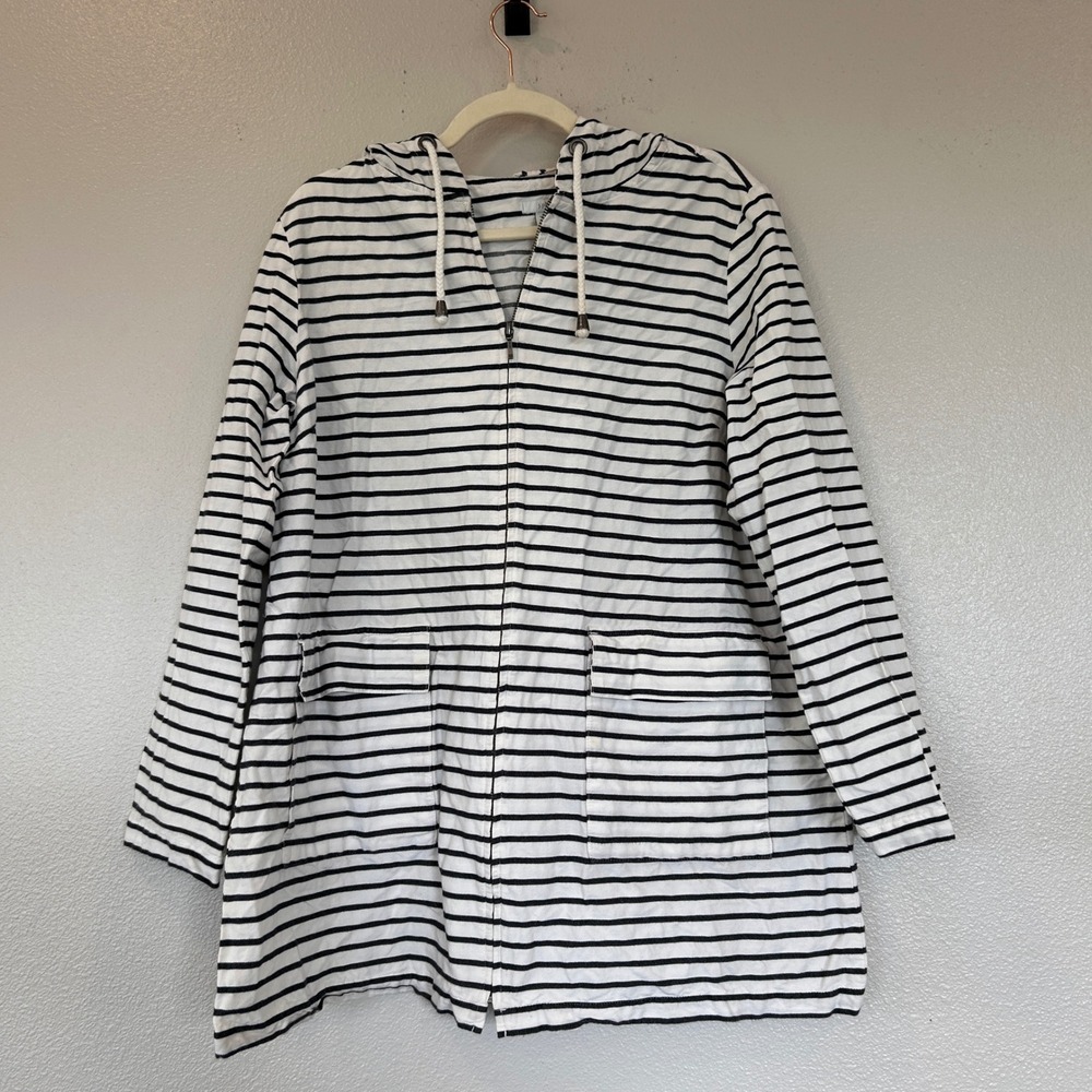 J. Jill Womens Striped Zip Up Hoodie Jacket White Navy Blue Cotton Size M